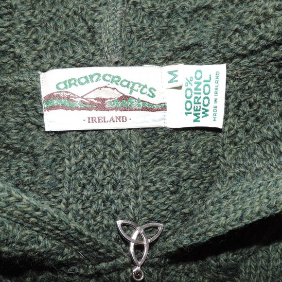Aran Crafts Gorgeous Green Cable Knit Full 2-way Zip Hoodie Wool Sweater sz M - Picture 14 of 15